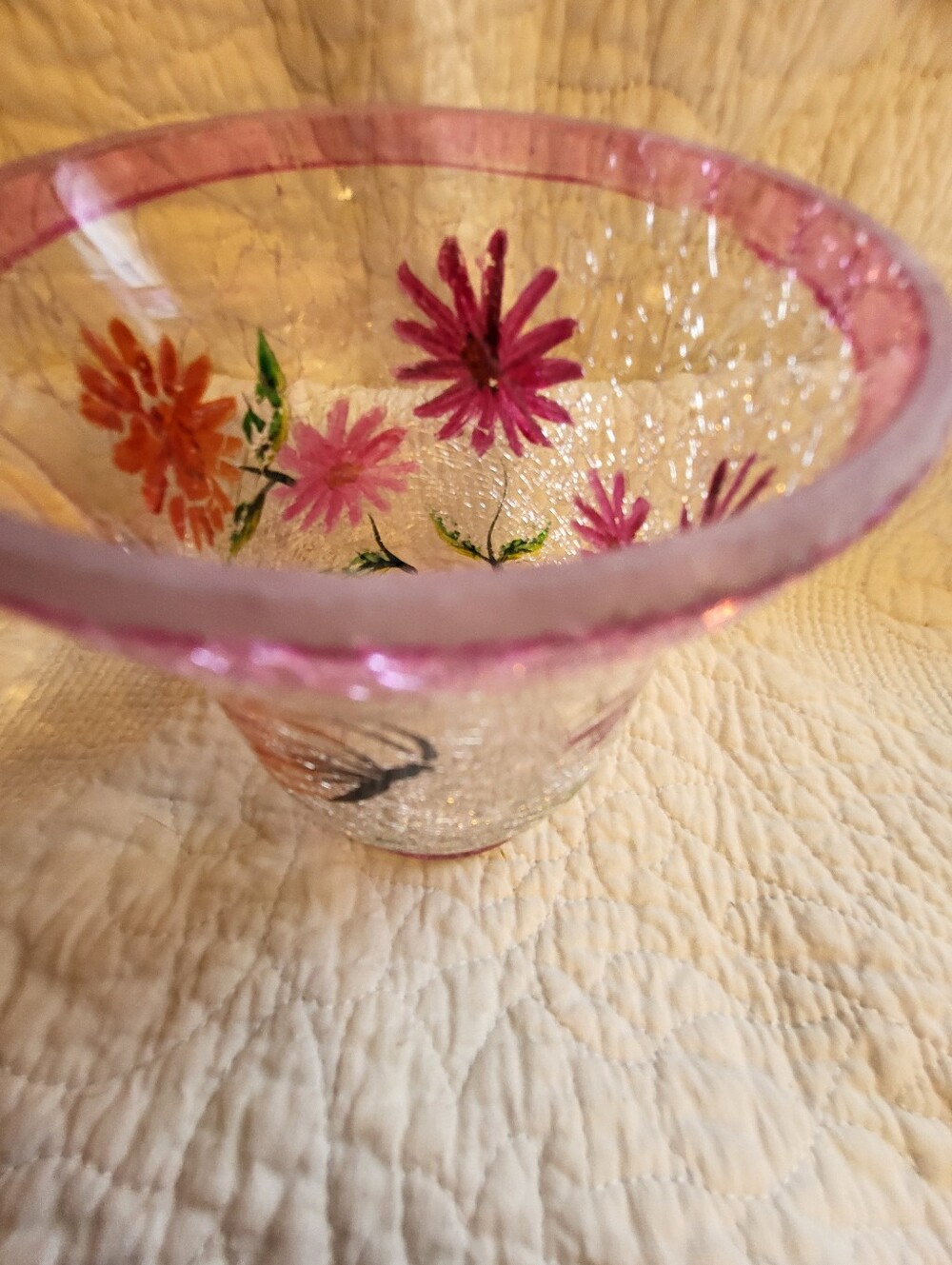 Hand-Painted Pink Floral Crackle Glass Vase - Picture 5 of 12